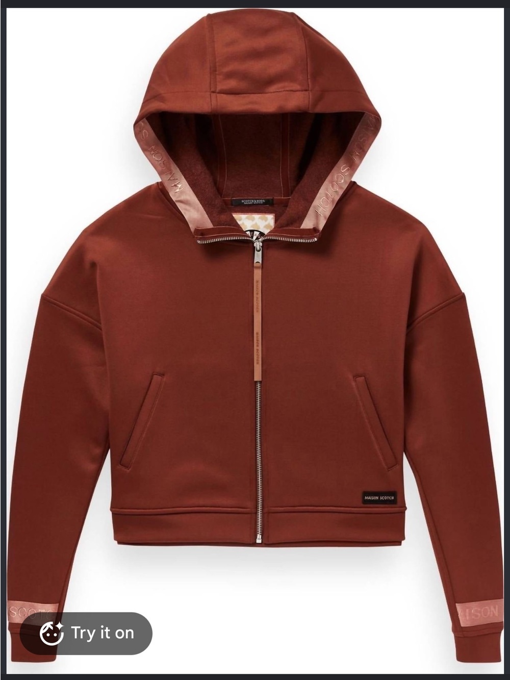 Maison Scotch & Soda Cropped Neoprene Hoodie in Rust size S